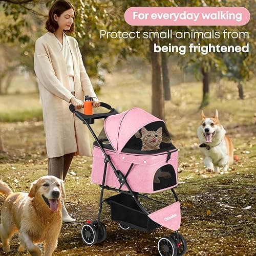 Pet Stroller,Dog Stroller for Small Medium Dogs Cats,3 Wheels,Pink | Foldable,with Breathable Mesh Canopy,Cup Holders,Easy Assembly thumbnail 6