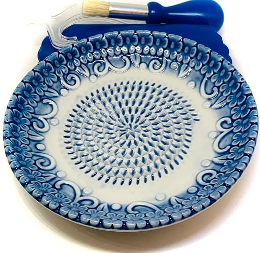 BonCera, Premium Ceramic Garlic Grater Plate Set - Blue Embossed | All-in-One 4-Piece Set includes 5.25" Plate, Peeler, Brush, and Stand - For Garlic, Ginger, Fruits, Strawberries, and more! thumbnail 2