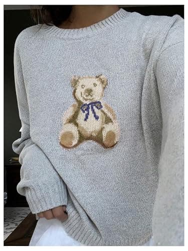 Floerns Women's Bear Long Sleeve Pullover Sweater Cute Crew Neck Knitted Tops thumbnail 3