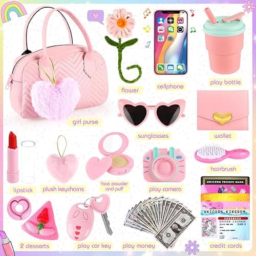 Play Purse for Little Girls Toddler, 35PCS Toddler Purse with Pretend Makeup for Kids, Girl Toys Princess Toy Includes Handbag, Phone, Kids Toy Purse Christmas Birthday Gift for Girls 3 4 5 6 7 8+ thumbnail 7