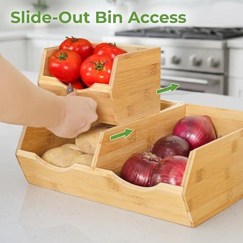 HOMESTEAD Bamboo Pantry Storage Bins – Potato & Onion Storage Bin for Pantry Organizers, Produce Organizer Set of 3 – Slide out Bin Access thumbnail 5