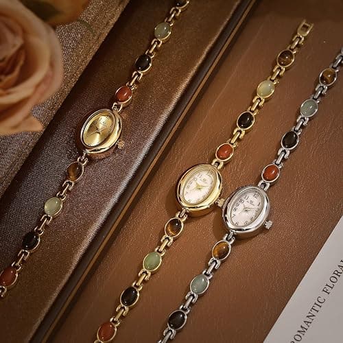 CARLIEN Womens Gold Petite Vintage Colorful Jade Crystals Beaded Waterproof Watch Small Pearl Oval Dial Arabic Numerals Fashion Bracelet Wrist Watch thumbnail 3