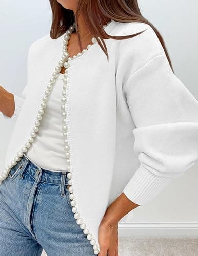 ZESICA Women's Open Front Cardigan Sweater 2026 Fall Casual Knitted Long Sleeve Pearls Trim Outerwear Coat Trendy Clothes thumbnail 3