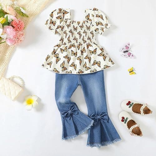 Kucnuzki Toddler Kids Girls Clothes Short Sleeve Shirt Top Flare Denim Jeans 2 Piece Outfits For Girls Cute Clothing Set thumbnail 6