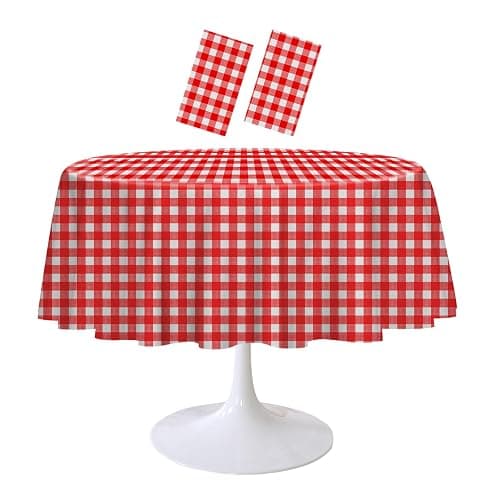 RINDOJIN 2 Pack Red Gingham Tablecloth Round 84 x 84 Inch Round Plastic Checkered Table Cloth Disposable Plaid Table Cover for Picnic Party Birthday Wedding Baby Shower Christmas Circle Red Tablecloth - Image 1