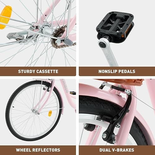 Viribus Beach Cruiser Bike for Women, 24 26 inch Womens Bike with 1 Speed, Front Basket & Rack, Comfort Cruiser Bicycle Step Through for City Commuter, Retro Bicycle for Seniors Ladies Female Adults - Light Pink - 24 Inch Wheels thumbnail 7