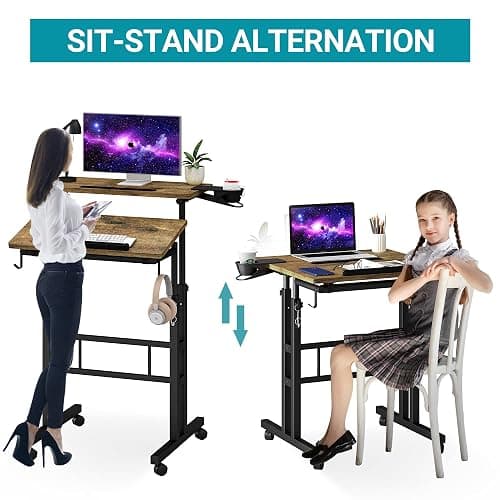 Klvied Rolling Mobile Desk with Cup Holder, Portable, Adjustable Height Small Stand up Desk on Wheels for Home Office Laptop Cart, Computer, Standing or Sitting,Oak thumbnail 5