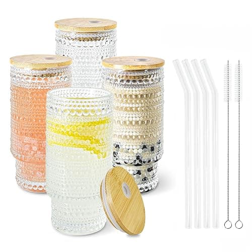 Icesip 4 Pcs 16 oz Glasses Cups Set with Bamboo Lids Straws Brush Hobnail Glassware Set for Juice Iced Coffee Beer and Cocktail Whiskey - Image 1
