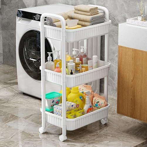 JOYZAN 3 Tier Rolling Carts with Wheels, Utility Cart with Handle and Locking Caster, Storage Cart for Kitchen, Office, Bedroom, Suitable for Diaper, Art Tools, Snack, Craft Storage Cabinet, White thumbnail 5