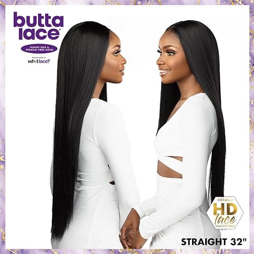 Sensationnel Butta Lace Hhm Wigs - Straight 32 Inch Human Hair Blend Extra Wide 5 Inch Parting Preplucked Hairline Glueless Lacefront (1B OFFBLACK) thumbnail 2