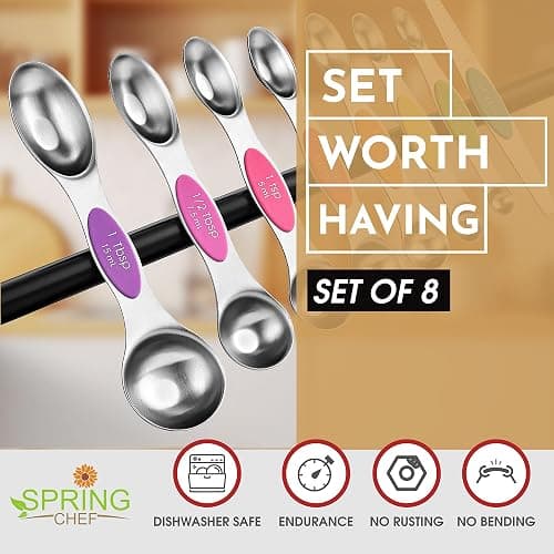 Spring Chef Stainless Steel Magnetic Measuring Spoons Set of 8 with Leveler, Nesting Metal Teaspoon & Tablespoon Measuring Spoons, Kitchen Gadgets for Baking & Cooking, Fits in Most Spice Jars - Neon thumbnail 3