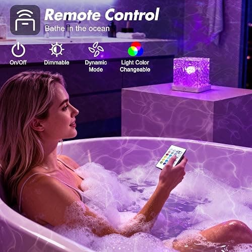 Rechargeable Shower Light No Wiring, 16 Color Changeable Ocean Wave Projector Light, Dimmable Waterproof Shower Lamp with Remote, Rotating Flame Water Ripple Lamp for Shower, Bathroom, Bedroom Decor thumbnail 3