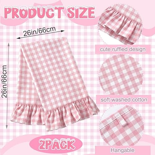 HunnmingRe Light Pink Kitchen Towels Set of 2, 100% Cotton Ruffled Gingham Dish Towels 18"x28" Absorbent Tea Cloths Classic Plaid Pattern for Farmhouse Charm, Drying Dishes, Entertaining Guests thumbnail 3