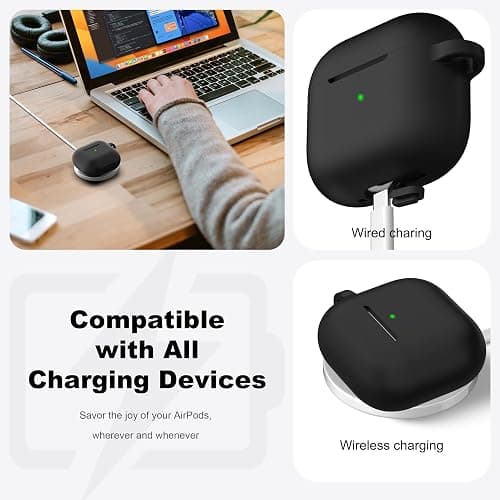 R-fun for AirPods 4 Case Silicone Cover, Black | Compatible with Apple AirPods 4th Generation with Keychain & Cleaner Kit, Wireless Charging Compatible thumbnail 3