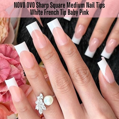 NOVO OVO Medium Sharp Square White French Tip Nail Tips Press on BABY PINK, Extra Thick NEED Builder Gel & Top Coat & Glue, Soft Gel Full Cover False Fake Nail Extension in Salon DIY x 15 Sizes 180 pc thumbnail 3