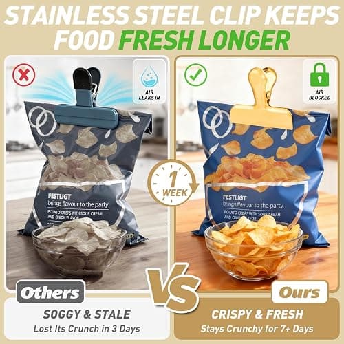 Funfery Gold Chip Clips Bag Clips Large Stainless Steel Clip for Food Storage,Air Tight Seal Chip Bag Clip 3 Inch Strong Food Clipp for Snack,Chips,Kitchen Decor,Home&Office Paper Heavy Duty-8 Pack thumbnail 5