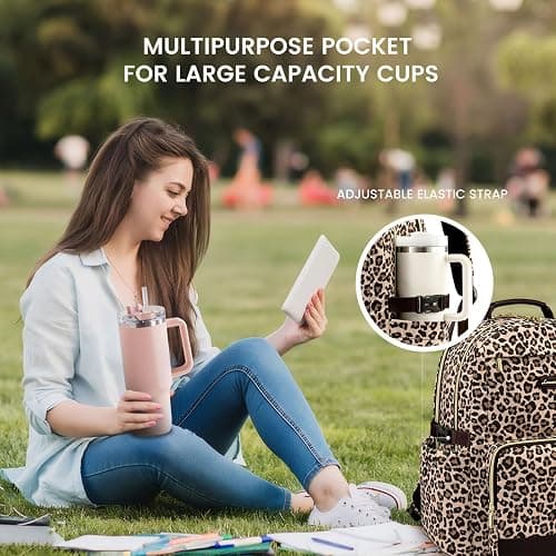 LOVEVOOK Laptop Backpack for Women with Pouch Pocket for Large Capacity Cup,15.6 Inch Laptop Computer Bag Travel Backpack Purse,Waterproof Work Business Backpack College Teacher Bags,Leopard print thumbnail 2