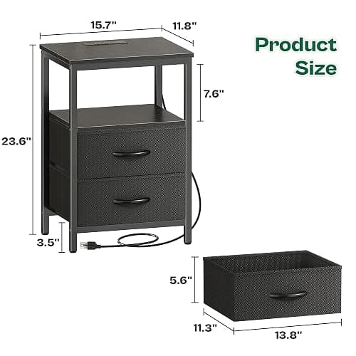 Huuger Night Stand with Charger Station and LED Lights, 2 Drawer Nightstand, Bed Side Table with Open Shelf, End Table, Fabric Dresser for Bedroom, Black thumbnail 3