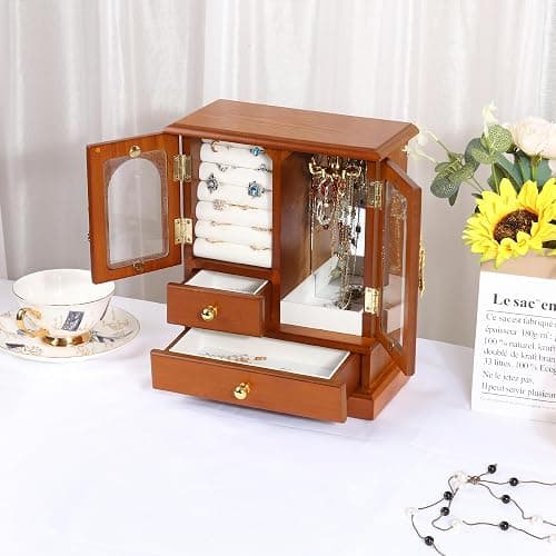 Kendal Wooden Jewelry Box for Women, Graduation Gift Solid Jewelry Holder Organizer, Mothers Day Gifts Wood Jewelry Case with Mirror for Necklaces, Earring, Rings (2 Side Door, Oak) thumbnail 6