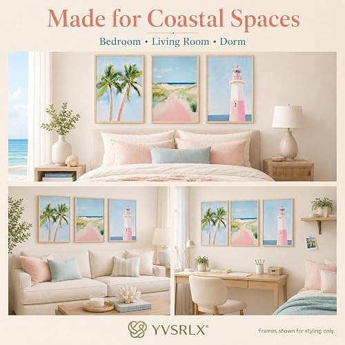 YVSRLX Set of 3 Pink Coastal Beach Wall Art Prints, 12x16 Inch Unframed Preppy Coastal Granddaughter Posters, Palm Tree Lighthouse Pictures for Teen Girls Bedroom Bathroom Dorm Decor thumbnail 7