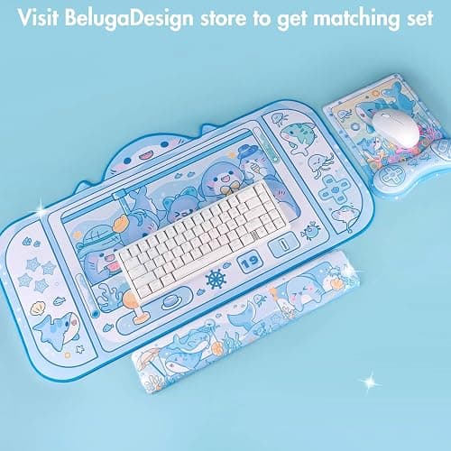 BelugaDesign Shark Desk Pad | Cute Pastel Large Mouse Pad | Cutecore Ocean Switch Anime Keyboard Gaming Mousepad | Machine Washable Nonslip Desk Blotter Protector for Kids Teens and Women (Blue White) thumbnail 6