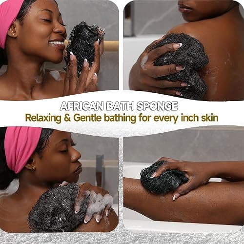 SubSahara Authentic African Net Sponge - 2 Pieces Exfoliating Scrubber for All Skin Types, Bath Sponge for Face & Body, Travel Portable, Durable, Gentle Exfoliation (Black & Grey) thumbnail 3