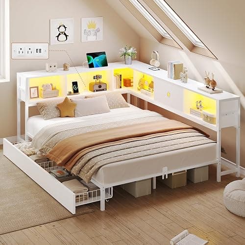 DICTAC Full Corner Bed Frame with Storage Drawers,Bookcase Headboard and Charging Station Full Size Metal Platform Corner Bed Frame with Storage and Led Lights Full Size Daybed for Teen Adult,White - Image 1