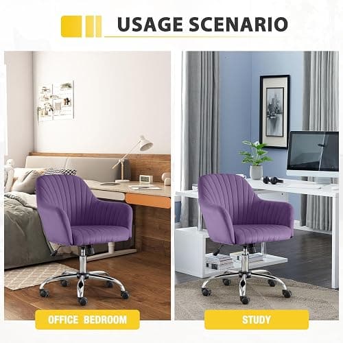 Anwickhomk Purple Vanity Desk Chair Comfy with Back and Wheels,Velvet Rolling Office Chair for Vanity Makeup Room,Height Adjustable,360 Swivel (Purple) thumbnail 5