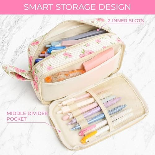 WOBAGMEN Cute Pencil Case,Large Corduroy Zippered Pencil Case Pouch, aesthetic Pencil Bag with Compartments, Pencil Pouch School Supplies (Big Pink Floral) thumbnail 4