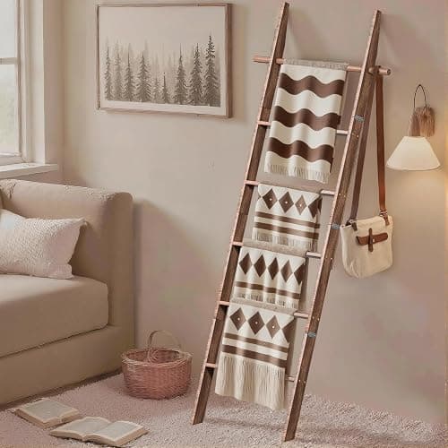 chilinii Farmhouse 6 Ft Wooden Blanket Ladder with Removable Hooks, 6-Tier Rustic Blanket Rack Decorative Stand, Leaning Towel Quilt Rack Holder for Bathroom Living Room Decor Brown thumbnail 5
