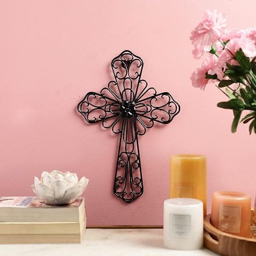 RELY+ Black Wall Cross 14X10 Inch Living Room Décor Outdoor Crucifix Wall Décor Metal Wall Art Decorative Hanging Iron Wrought Wall Décor Crosses for Rustic Indoor Home Valentine's Day Decorations thumbnail 6