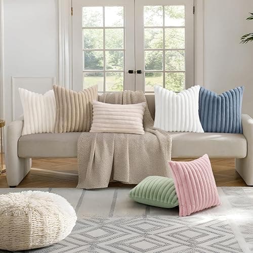 decorUhome Faux Fur Christmas Throw Pillow Covers 12x20 Set of 2, Decorative Soft Plush Striped Lumbar Neutral Couch Euro Pillow Covers with Velvet Back for Sofa, Bed, Living Room Home Decor, Pink thumbnail 7
