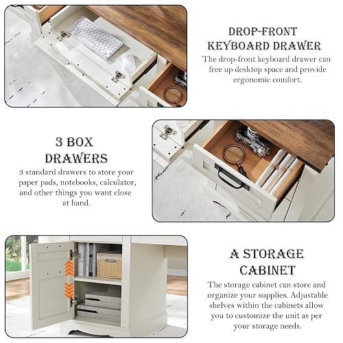RedLemon 60" Farmhouse Executive Desk with Drawers, Wood Home Office Desk w/Charging Station, Keyboard Tray, File Drawer, Storage Cabinet, Rustic Computer Writing Desk (Antique White) thumbnail 5