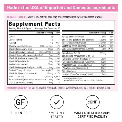 NatureWise Hair Skin and Nails Vitamin, Biotin 5000mcg w/Hyaluronic Acid, Collagen for Women with C, B Complex, D3, A, E, Iron - Non-GMO, Gluten Free - 150 Softgels[50-Day Supply] thumbnail 4