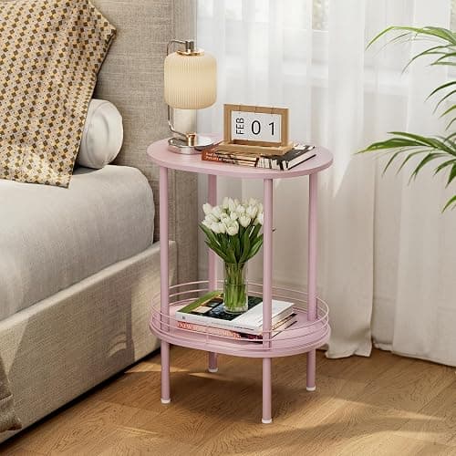 Small Modern Oval Side Table with Storage,2-Tier Side Tables Living Room,Sturdy Nightstand for Small Space - Living Room, Bedroom, Bathroom, Nursery (1PC,Pink) - Image 1