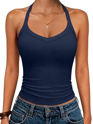 ANRABESS Women Halter Crop Tank Tops V Neck Backless Ribbed Fitted Sleeveless Cami Shirts 2026 Summer Workout Gym Clothes - Image 1