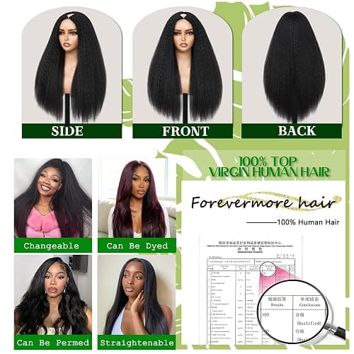 Forevermore Yaki Straight V Part Wig Human Hair Kinky Straight Vpart Human Hair Wig For Black Women 16 Inch Upgrade Glueless U Part Wig Half Wigs Clips In No Leave Out 180% Density Natural Color thumbnail 6