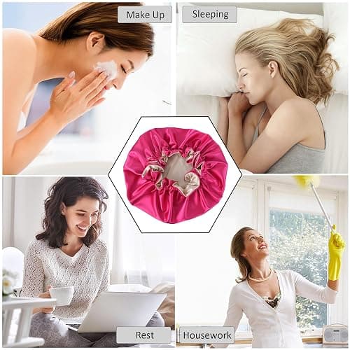 Beutyme Silk Bonnet for Sleeping Satin Bonnets Double Layer Reversible Hair Cap Bonnet for Women Long Curly Braid Hair (Hot Pink) thumbnail 5