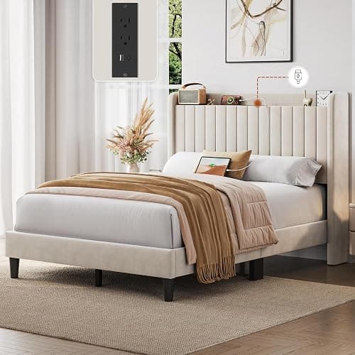 Yaheetech Full Size Bed Frame with USB Charging Station and Storage Shelf/Upholstered Headboard Platform Bed with Wing Side/Wooden Slats Support/Noise Free/No Box Spring Needed/Easy Assembly, Beige thumbnail 3
