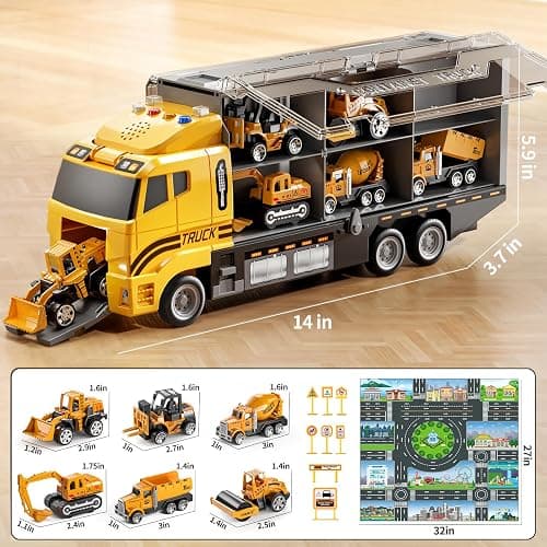 NIPLOOOW Toddler Boys Construction Truck Vehicle Toy Set with Play Mat and Die-Cast Toy Car, Transport Carrier Truck for Kids 3-5, Birthday Gifts Toys for 3-8 Year Old Boys thumbnail 2