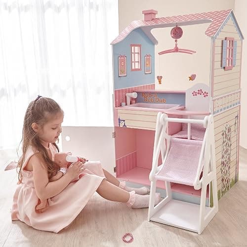 Olivia's Little World - All in One 16-18 inch Baby Doll Wooden Nursery Center - Double Sided Dollhouse for Baby Dolls with Swings - Multi- Functional Changing Station - Pink & Blue thumbnail 2