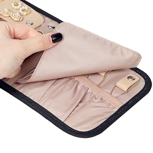 BELALIFE Travel Jewelry Case Organizer, Small Foldable Storage Roll for Earrings, Necklaces, Rings, Bracelets, Brooches, Black thumbnail 6