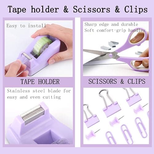 Purple Office Desk Accessories Supplies, 12pcs Desk Organizers and Accessories with Tape dispenser and Stapler,Staples,Staple Remover,Pen Holder,Scissor,Ruler,Sticky Tabs,Tape,Ballpoint Pen,Clips Set thumbnail 5