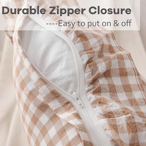K MASANIJI 2 Pack Taupe White Plaid Ruffle Gingham Throw Pillow Covers, 100% Washed Cotton Checkered Fall Decorative Farmhouse Pillow Shams - 18''x18'' thumbnail 4