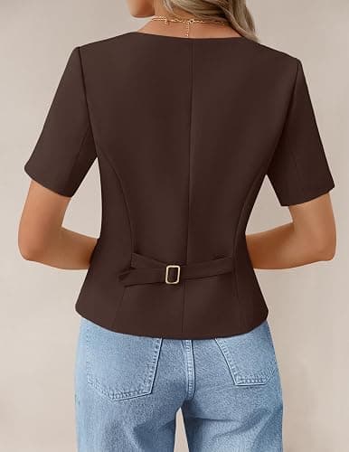 ZESICA Women's Trendy Vests Top 2026 Spring Summer Square Neck Short Sleeve Blazer Button Down Crop Casual Work Blouse thumbnail 4