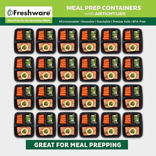 Freshware Meal Prep Containers [25 Pack] 3 Compartment with Lids, Food Storage Containers, Bento Box, Stackable, Microwave/Dishwasher Safe (32 oz) thumbnail 4