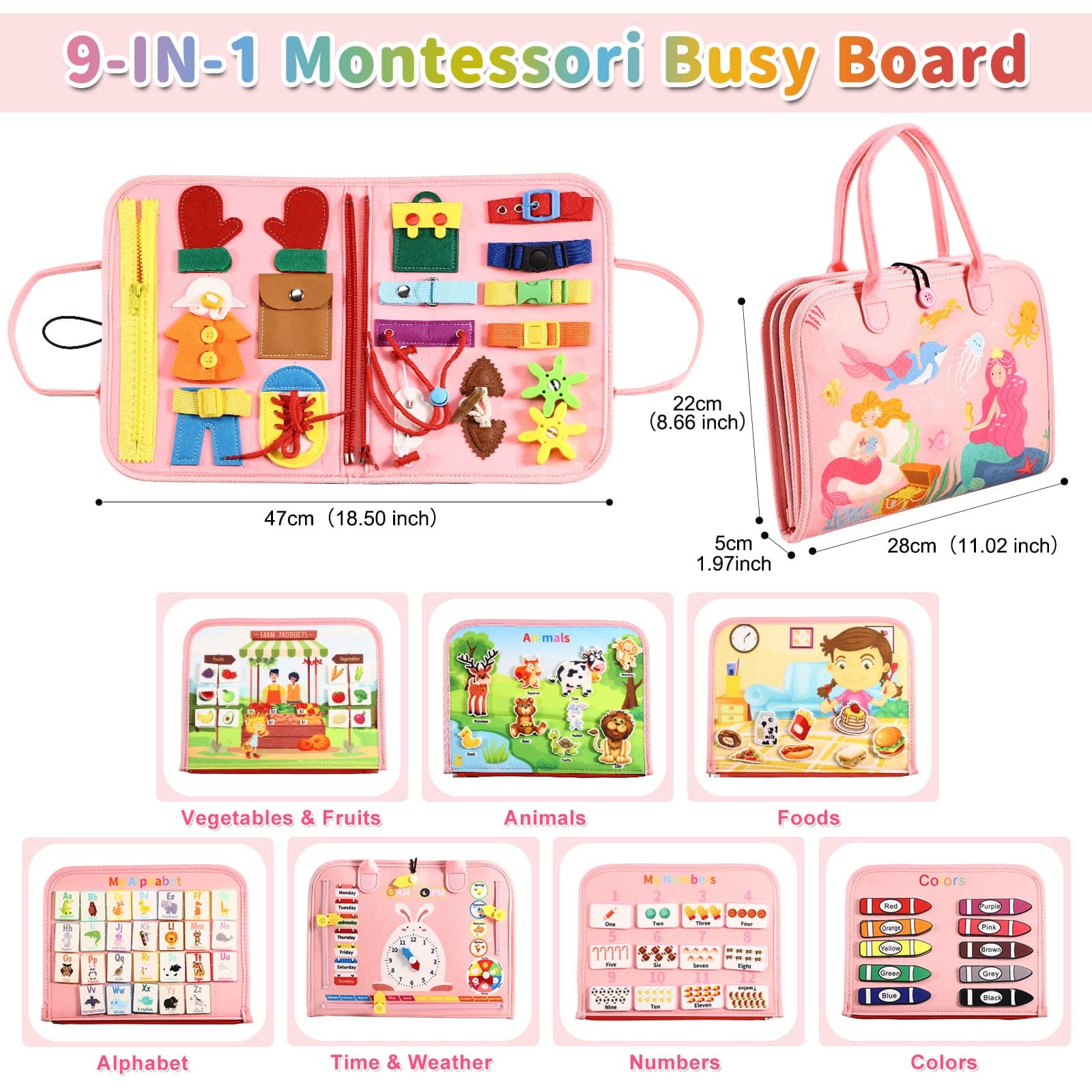 Busy Board Bag for Toddler with Zipper Removable 5 Page, Sensory Activity Developing Board Toys for Preschool, Quiet Book Educational Toys, Montessori Learning Early Education Travel Toy(Pink) thumbnail 2