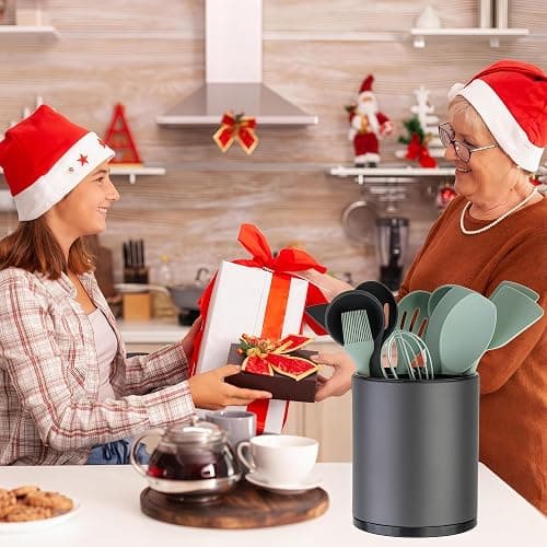 LIBODOUR Kitchen Utensil Holder Extra Large 360°Rotating For Counter Organizer Stainless Steel Storage Cooking Silverware Caddy 3 Compartment Flatware Spoon Spatula Tool Cutlery Container(Grey) thumbnail 2