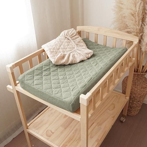 Konssy Waterproof Muslin Changing Pad Cover 2 Pack, Quilted Cotton Fitted Diaper Chang Table Cover, Soft Changing Pad Sheets for Girls Boys (Fog Green,Cream) thumbnail 8