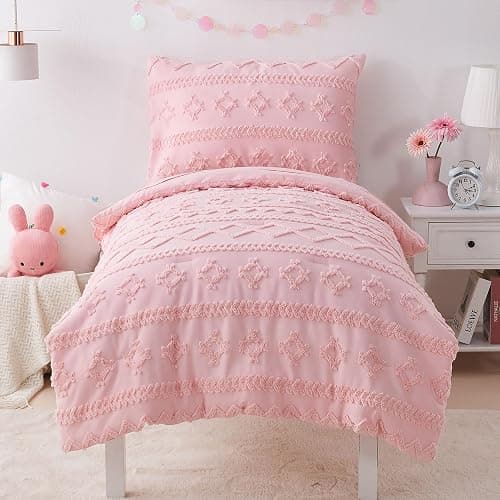 Pink Toddler Bedding Set for Girls 4-Piece Boho Tufted Toddler Comforter Set Jacquard Tufts Bed-in-a-Bag Crib Toddler Bed Sheet Set for Kids with Comforter, Flat Sheet, Fitted Sheet, Pillowcase | Toddler Bedding Set, Toddler Comforter, Toddler Sheets Set, Crib Bedding Set, Toddler Bed Set, Toddler Girl Bed Set - Image 1